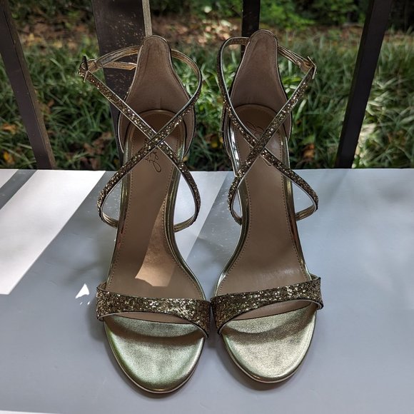 BADGLEY MISCHKA Dimitra Sandals Stiletto Heel in Gold Glitter Size 7 - Picture 4 of 4